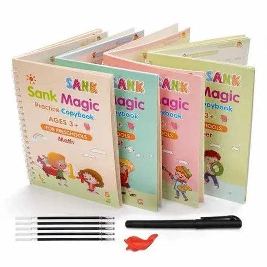 Zigoods Magic Practice Copybook Set – 4 Reusable Calligraphy Books with 10 Refill Pens & Grip Tool | Handwriting Improvement for Kids & Beginners