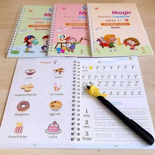 Zigoods Magic Practice Copybook Set – 4 Reusable Calligraphy Books with 10 Refill Pens & Grip Tool | Handwriting Improvement for Kids & Beginners
