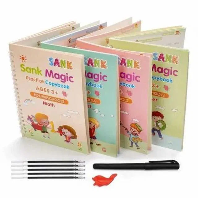 Zigoods Magic Practice Copybook Set – 4 Reusable Calligraphy Books with 10 Refill Pens & Grip Tool | Handwriting Improvement for Kids & Beginners