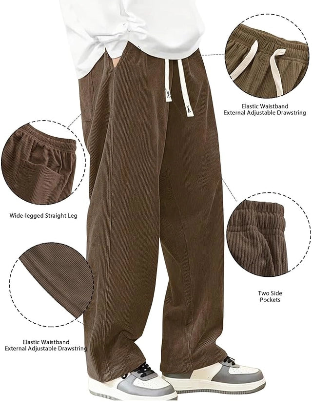 Zigoods Men’s Premium Corduroy Wide-Leg Pants – Relaxed Fit Elastic Waist Casual Trousers